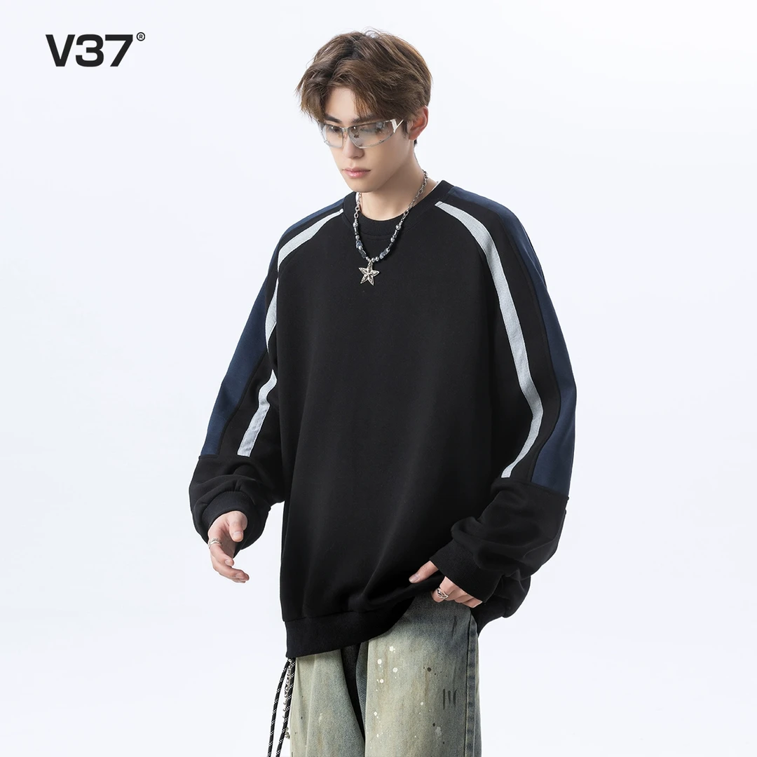 V37撞色拼接圆领卫衣男2025春秋季新款美式cleanfit宽松套头上衣