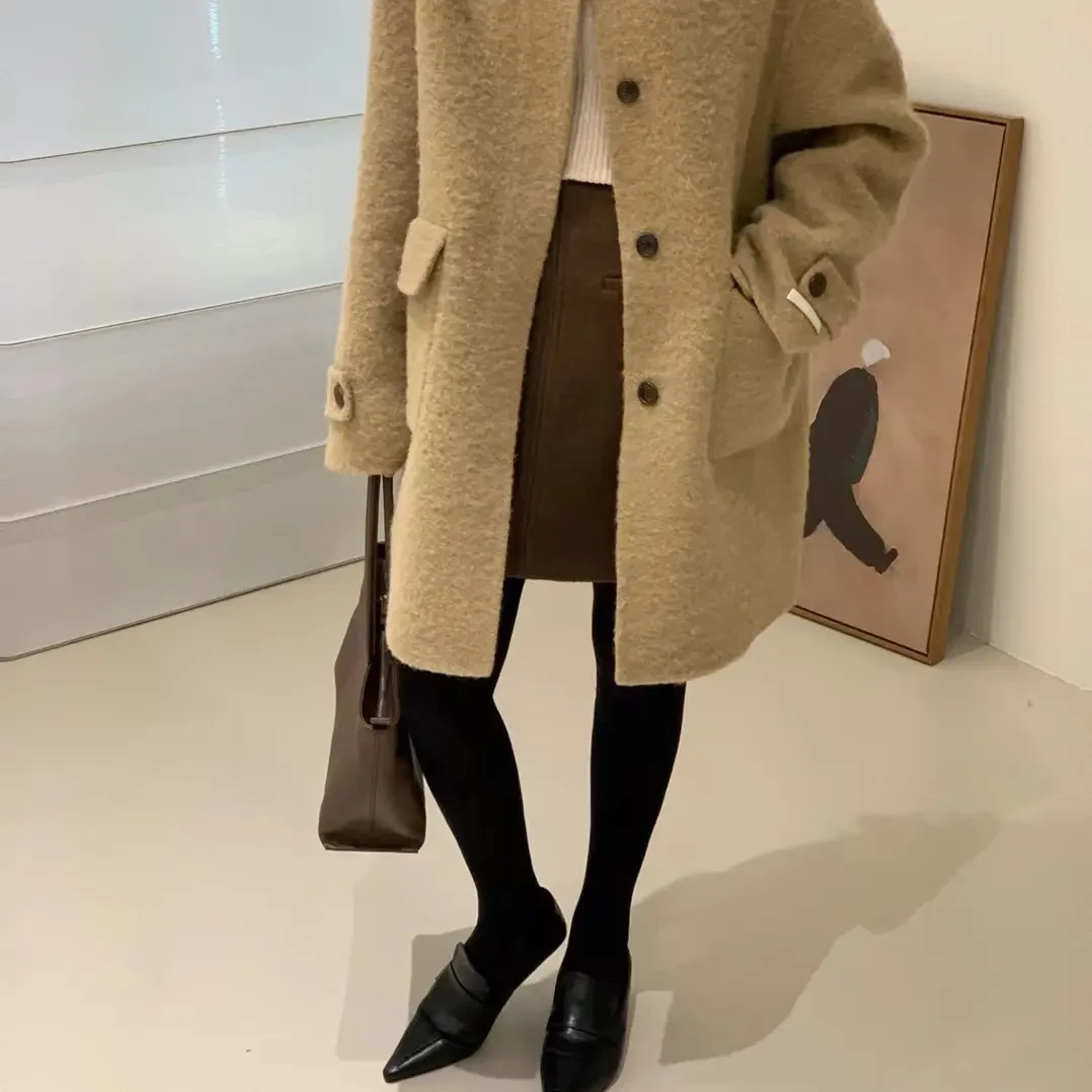 韩系高级感宽松长款苏力羊驼毛双面翻领秋冬大衣女