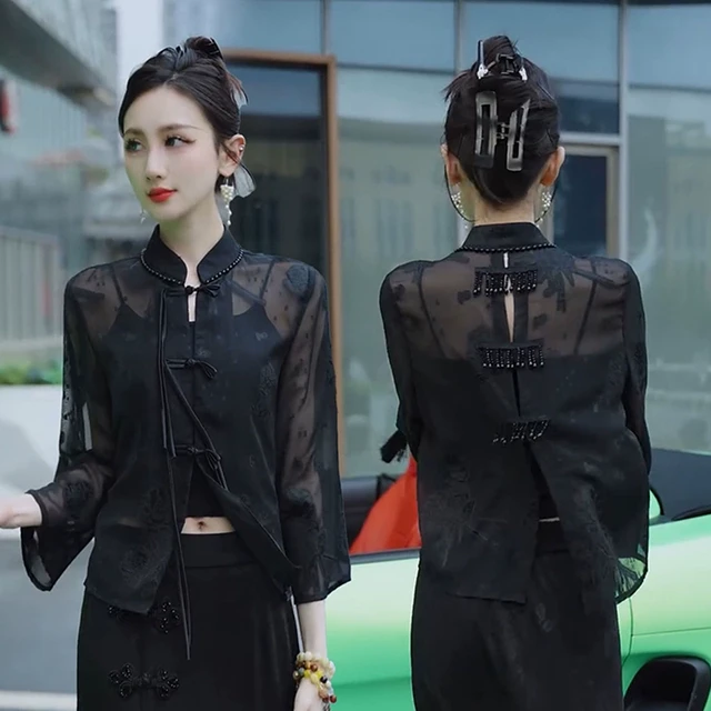 新中式雪纺开衫长袖防晒外套2025夏季新款国风提花盘扣立领衬衫女