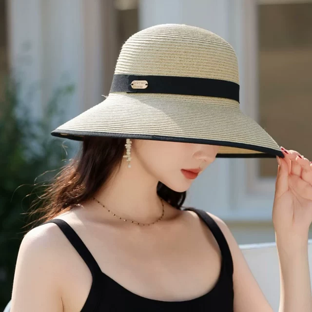 夏季新款海边大檐沙滩帽防晒防紫外线遮阳帽显脸小渔夫帽草帽女士