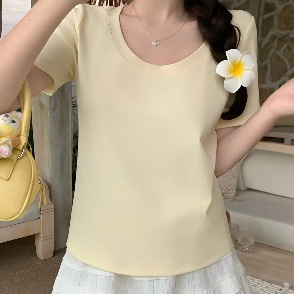 短款短袖大码纯色T恤显瘦线雕短袖圆领针织薄款套装百搭修身上衣