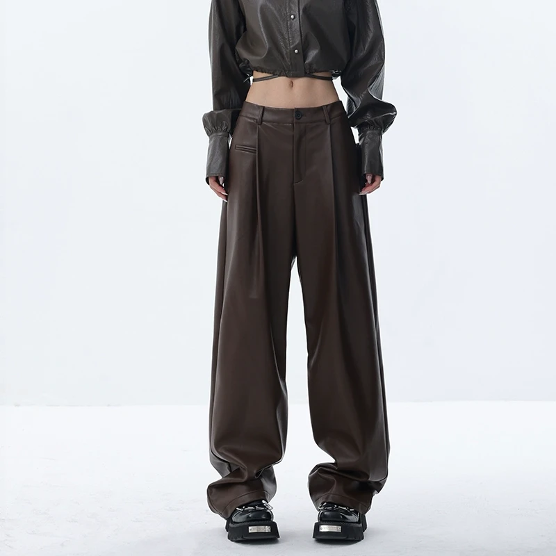 【五折福利】KEN STUDIO复古咖啡色皮裤PU皮褶皱设计感阔腿长裤裤子
