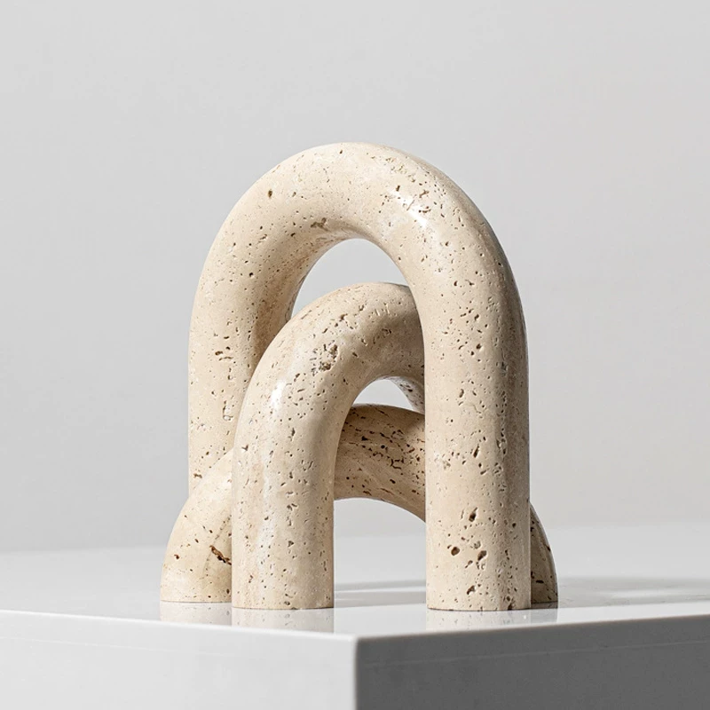 侘寂复古几何半圆拱门黄洞石摆件法式轻奢家居样板房橱窗桌面软装