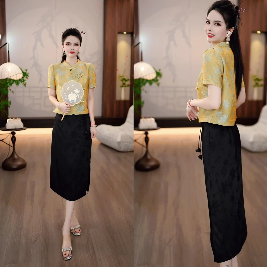 2025夏款贵妃金撞色花纹中式斜襟盘扣小衫+黑色半裙两件套