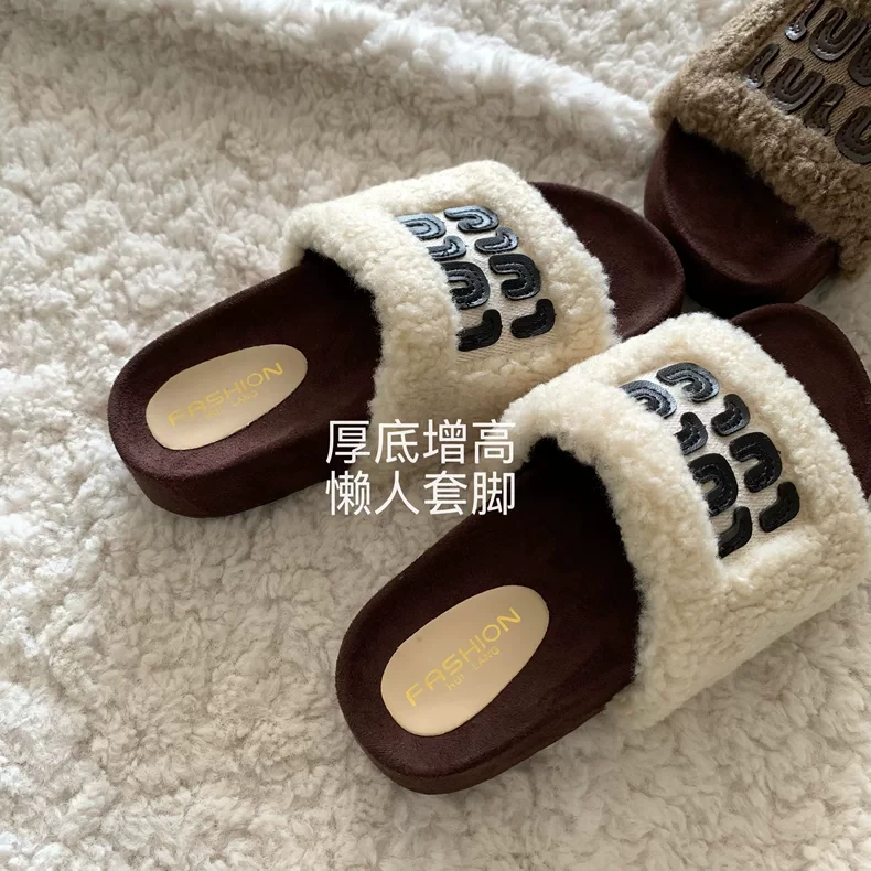 贵气感！奶绒绒！泰显瘦~INS高级感气质毛毛拖鞋女外穿秋冬一字拖
