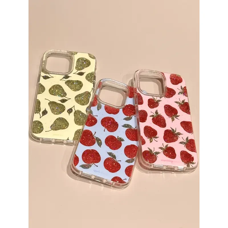 可爱闪粉苹果雪梨草莓适用苹果16pro手机壳创意iPhone15小众14女