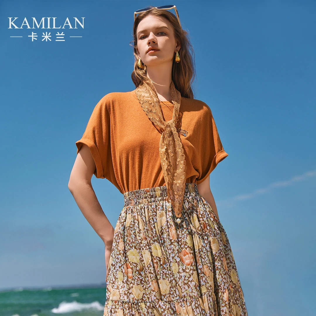 [送丝巾]卡米兰宽松独特超好看T恤女2025夏新款短袖出游叠穿上衣