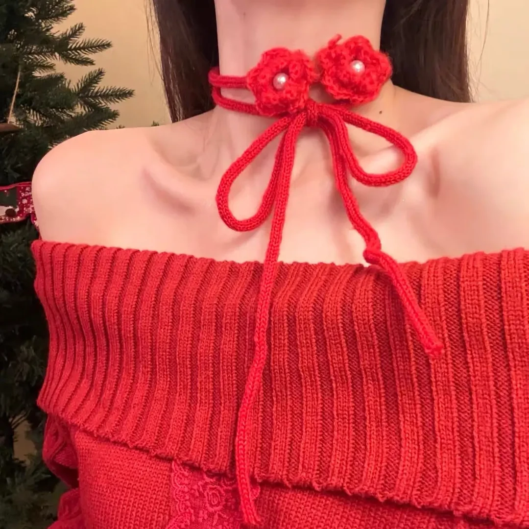 铜合金布艺项链 圣诞节红色针织毛绒花朵颈带choker项链女秋冬