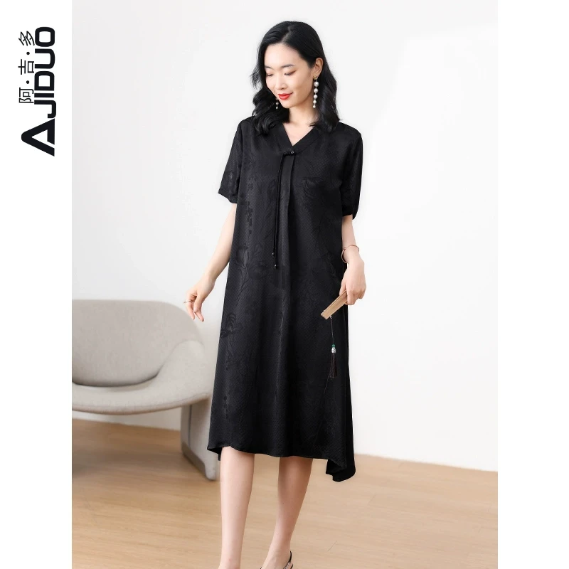 阿吉多黑色大码连衣裙女2024新款夏季提花高级妈妈阔版宽松长裙子
