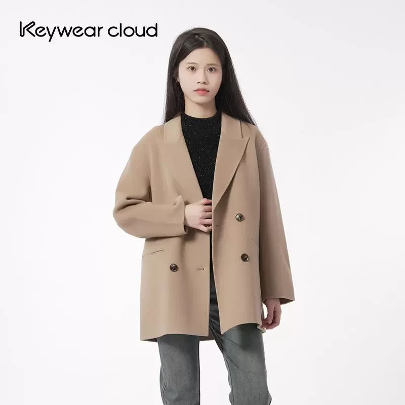 Keywearcloud奇威绵羊毛秋冬都市通勤质感大口袋短款翻领毛呢外套