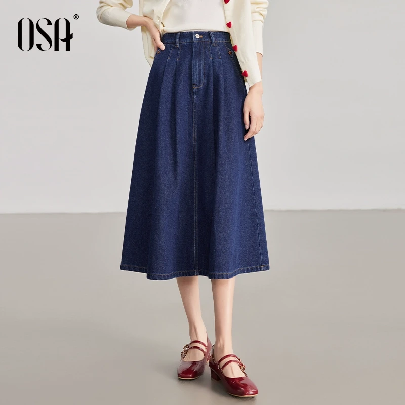 OSA/欧莎 牛仔半身裙女中长款通勤伞裙过膝遮肉裙子S125A51004