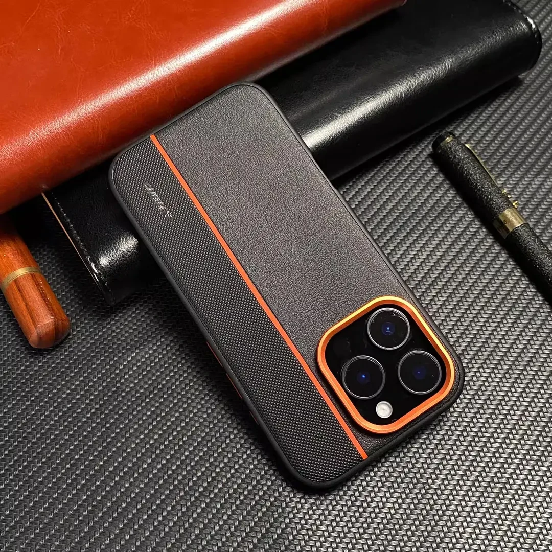 新款皮纹软边金属镜框防摔适用苹果iPhone16ProMax/15plus手机壳