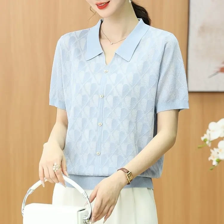 25年夏季冰丝凉感气质减龄透气百搭针织短袖中年洋气中老年妈妈装