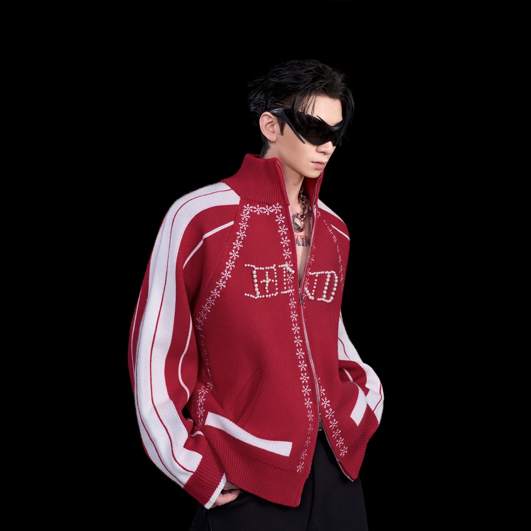 “新年红” 高定编织珍珠毛衣外套男高级感刺绣雪花小香风针织衫