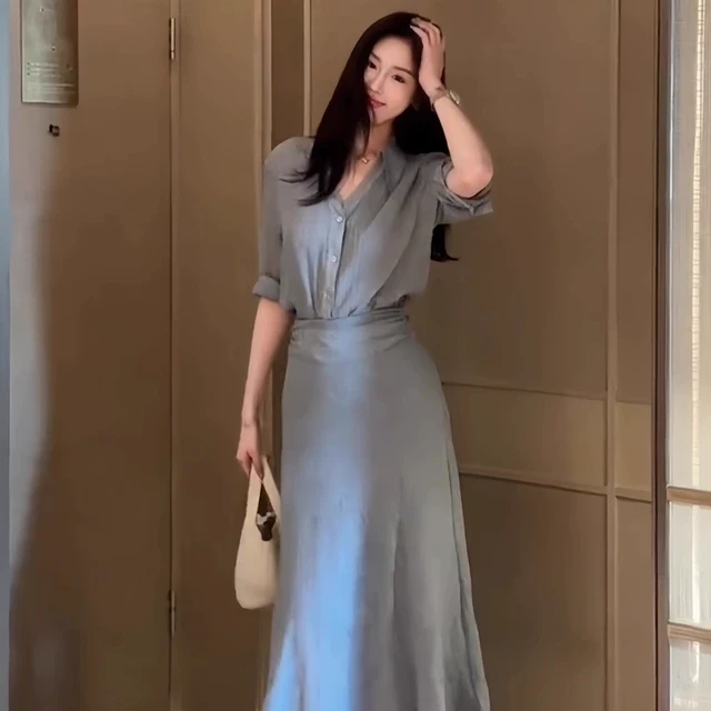 2025夏季新款法式职业高级感翻领薄款长袖衬衫+高腰半身裙套装女