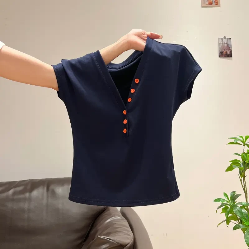 藏蓝色修身显瘦v领短袖T恤2025夏季新款撞色显白百搭短袖