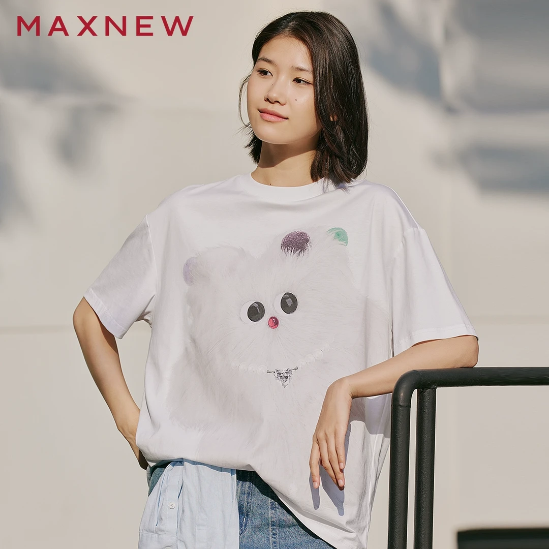 【奶噗噗联名】马恩夏新款圆领短袖宽松t恤女印花半袖1P2221226