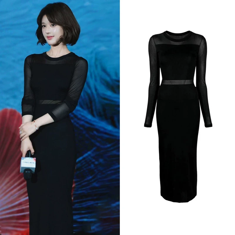 赵露思同款黑色半透视连衣裙女紧身性感礼服裙薄纱针织包臀长裙子