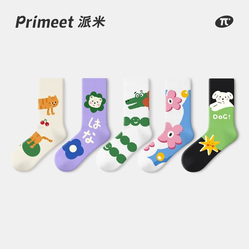 primeet/派米袜子女中筒袜可爱日系卡通原创女士长筒袜棉袜