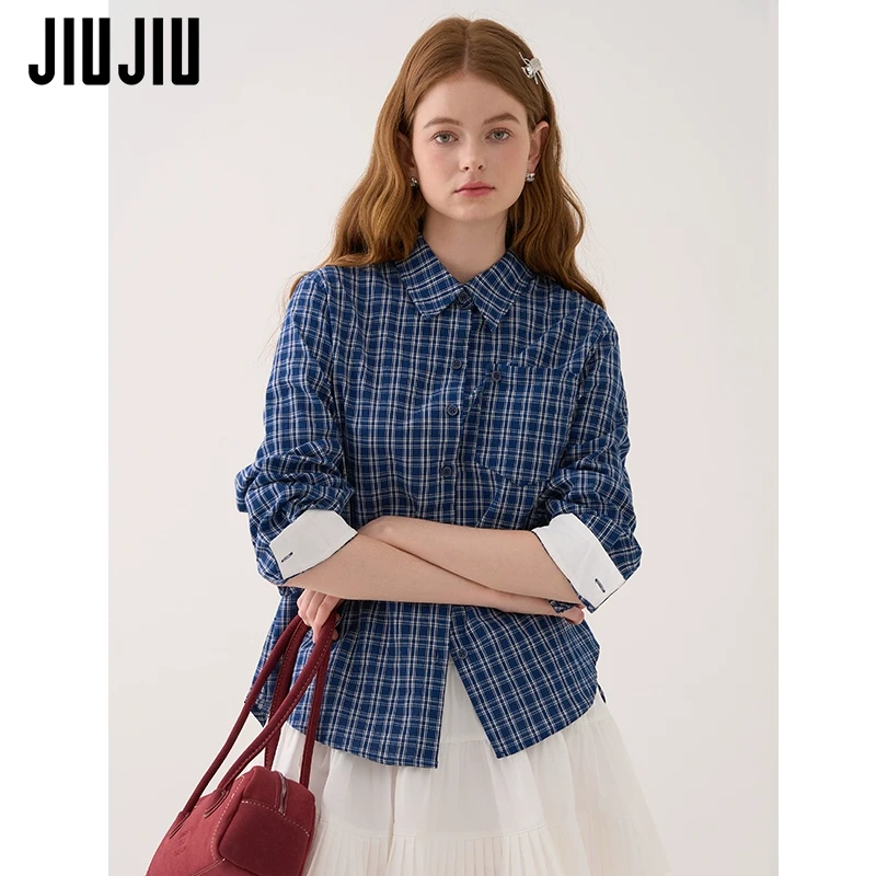 JIUJIU复古英伦风格纹衬衫女长袖2025春季新款宽松休闲衬衣外套