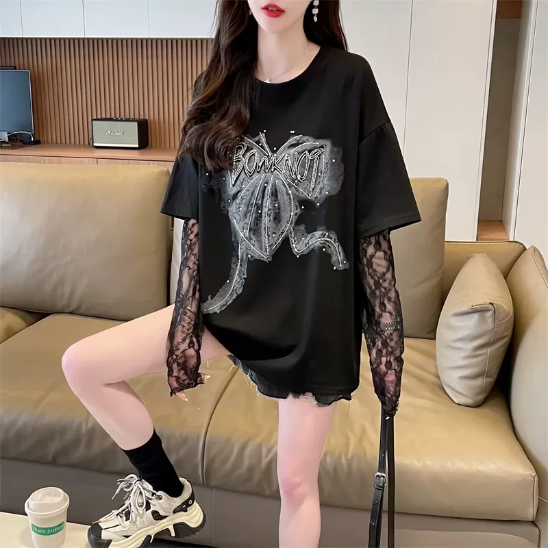 大码女装2024新款夏季宽松假两件网纱拼接短袖t恤女独特别致上衣