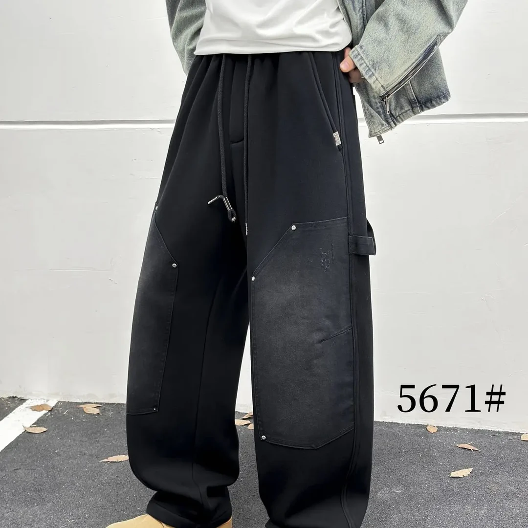 实体店加绒美式复古脏洗弯刀渐变灰宽松牛仔工装裤潮流ins风5671