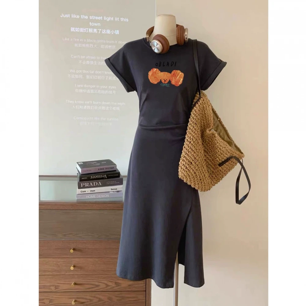 法式小狗卡通高级t恤长裙女2025夏季新款打褶收腰修身显瘦连衣裙