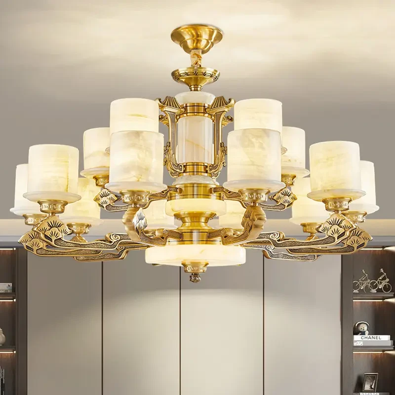 全铜真玉石吊灯翻砂铜别墅大气天然大玉石中国风复式楼新中式吊灯