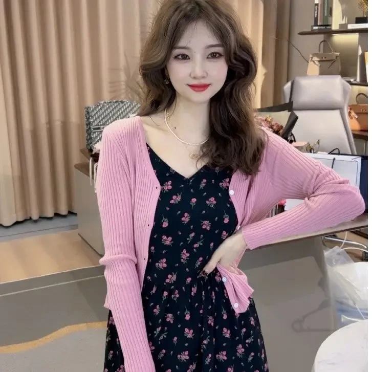 2025吊带碎花连衣裙针织披肩长袖开衫夏季潮流女装连衣裙