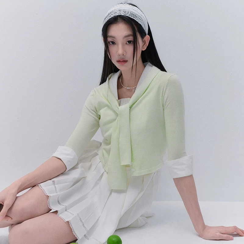 Fragile Heart易碎商店·青提绿绑带针织开衫时尚百搭短款上衣