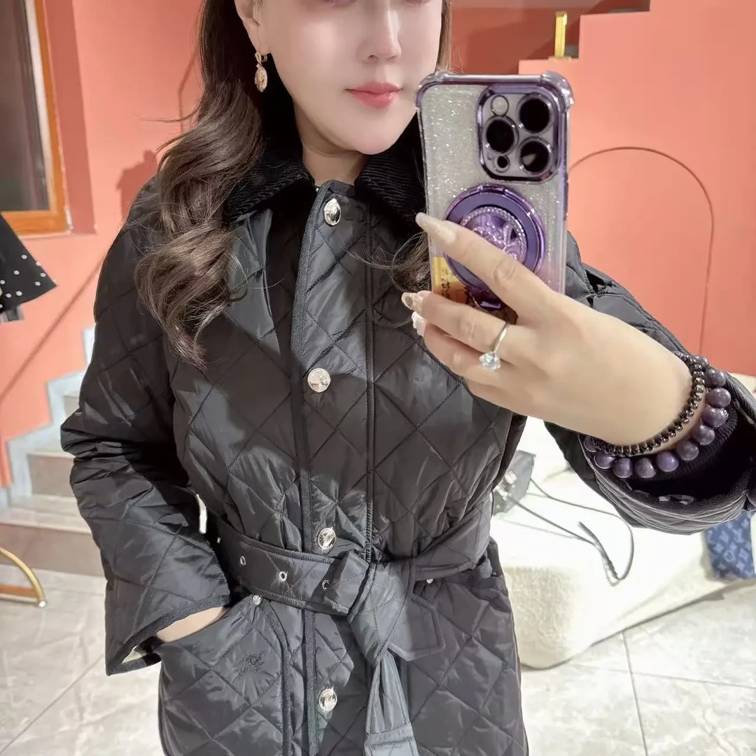 经典格纹菱形绗缝系腰带收腰显瘦翻领棉服外套