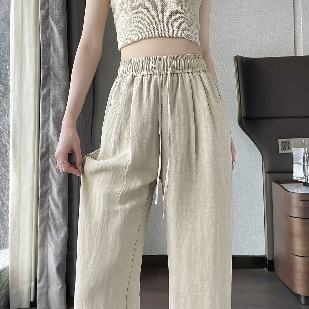 天丝亚麻阔腿裤女夏季薄款2025新款高腰宽松休闲垂感冰丝直筒裤子