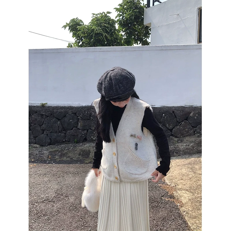 嘿山姥姥米色针织开衫马甲女学院风甜美百搭叠穿无袖背心