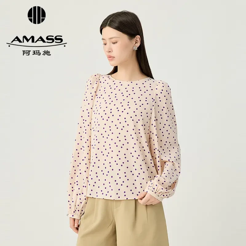 AMASS/阿玛施春季新款减龄圆领泡泡袖长袖休闲通勤衬衫女-5301128