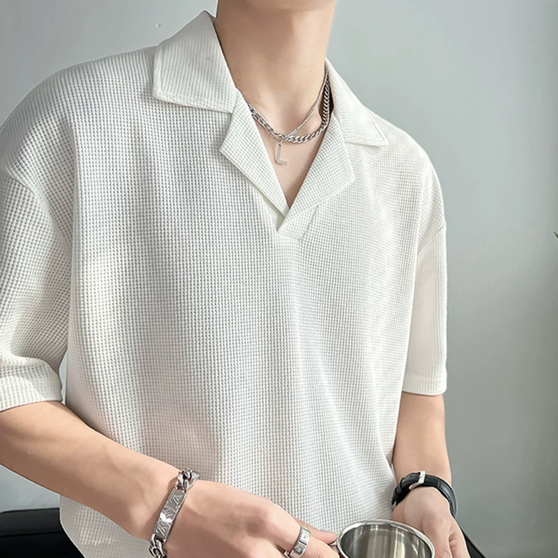 古巴领Polo衫男短袖夏季冰丝男装高级感华夫格衬衫领七分中袖t恤