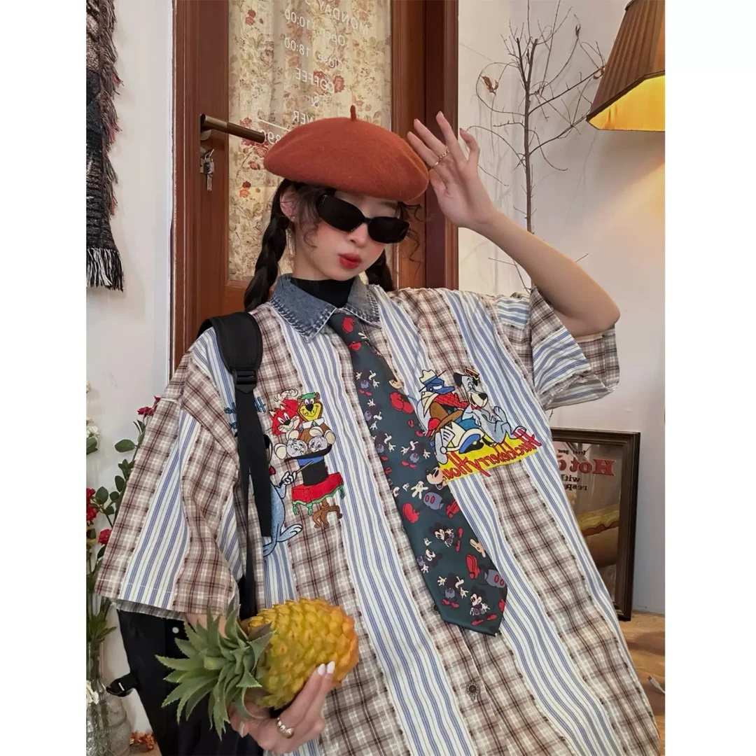 C2自制/美式复古格子拼接童趣衬衫女宽松童趣重工刺绣半袖衬衣ins