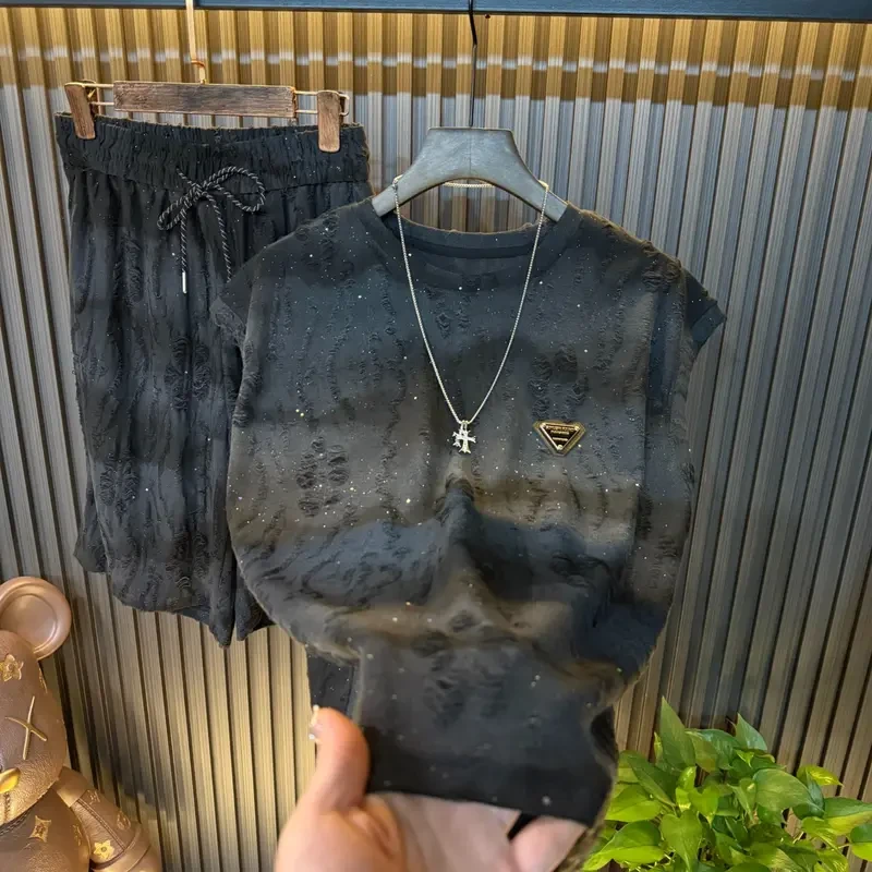 夏季轻奢背心男士时尚百搭休闲套装破洞短裤薄款宽松潮流两件套潮