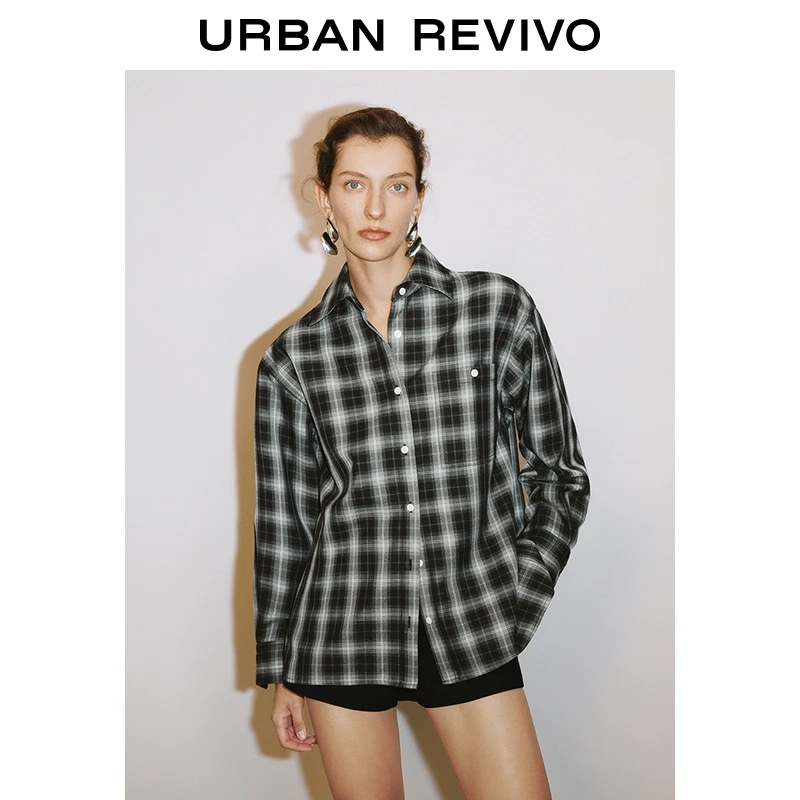 UR2025春季新款女装欧若风时髦街头撞色格纹开襟衬衫UWJ250011
