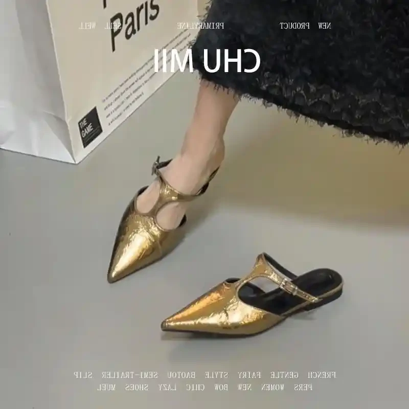 羊皮版~高级感包头半拖鞋女尖头T字扣带平底凉鞋法式小众穆勒鞋