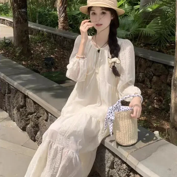 【F1026]法式复古长袖重工蕾丝刺绣宽松甜美显瘦秋季仙女风连衣裙