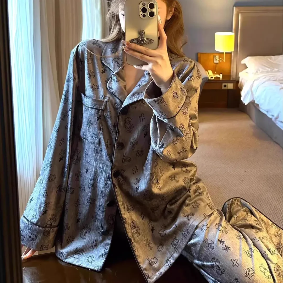 法式高级灰冰丝睡衣女春秋季长袖轻奢简约风卡通凯蒂猫家居服套装