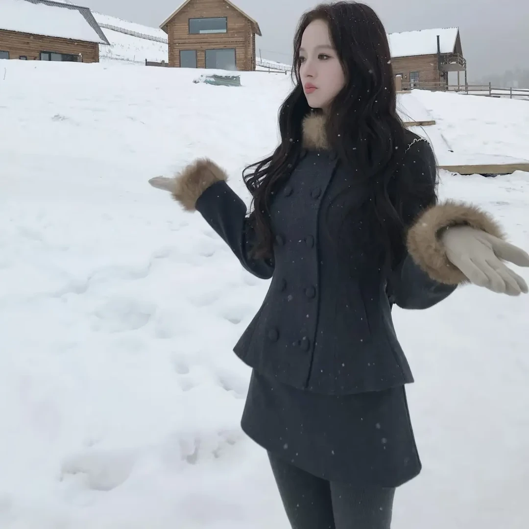 【冬上新】千金感毛领加棉加厚短外套收腰显瘦a字半裙两件套套装