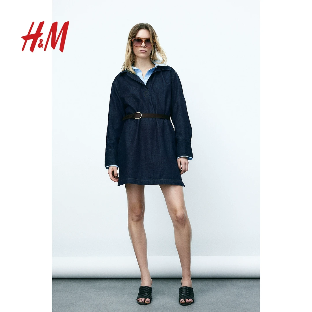 HM2025春季新款女装春游出行宽松百搭棉质牛仔及膝连衣裙1265570