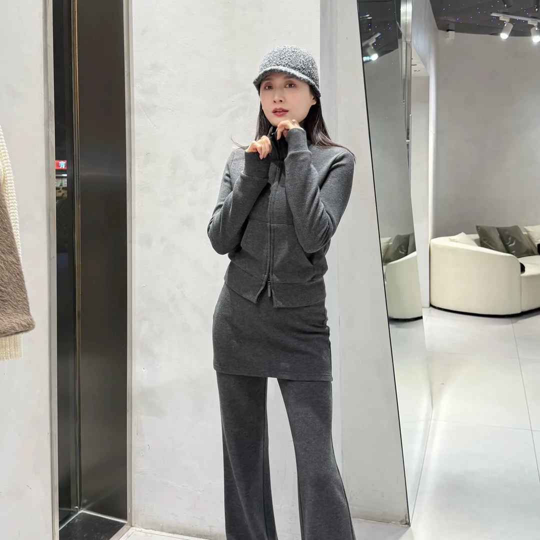 秋冬少女感立领拉链上衣微喇裤显瘦套装