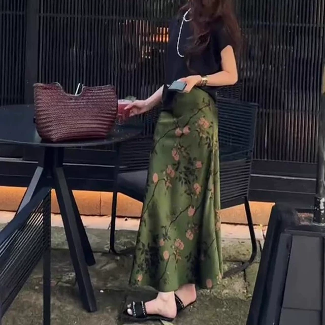 新中式国风水墨印花缎面半身裙女夏薄款垂感冰丝裙子高腰气质长裙