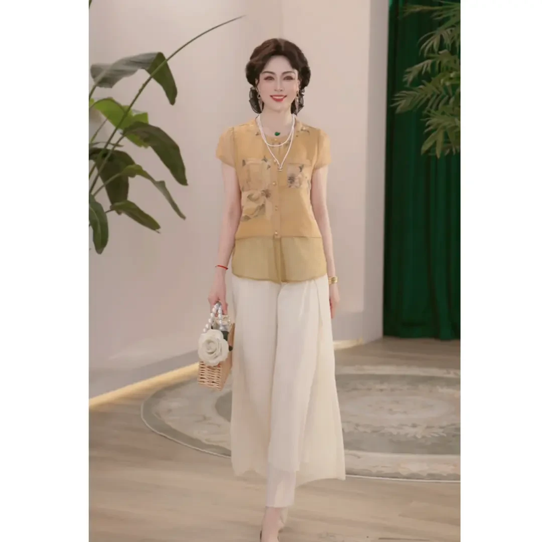 2025新款夏季妈妈装薄款时尚套装气质衬衣女装洋气减龄T恤两件套