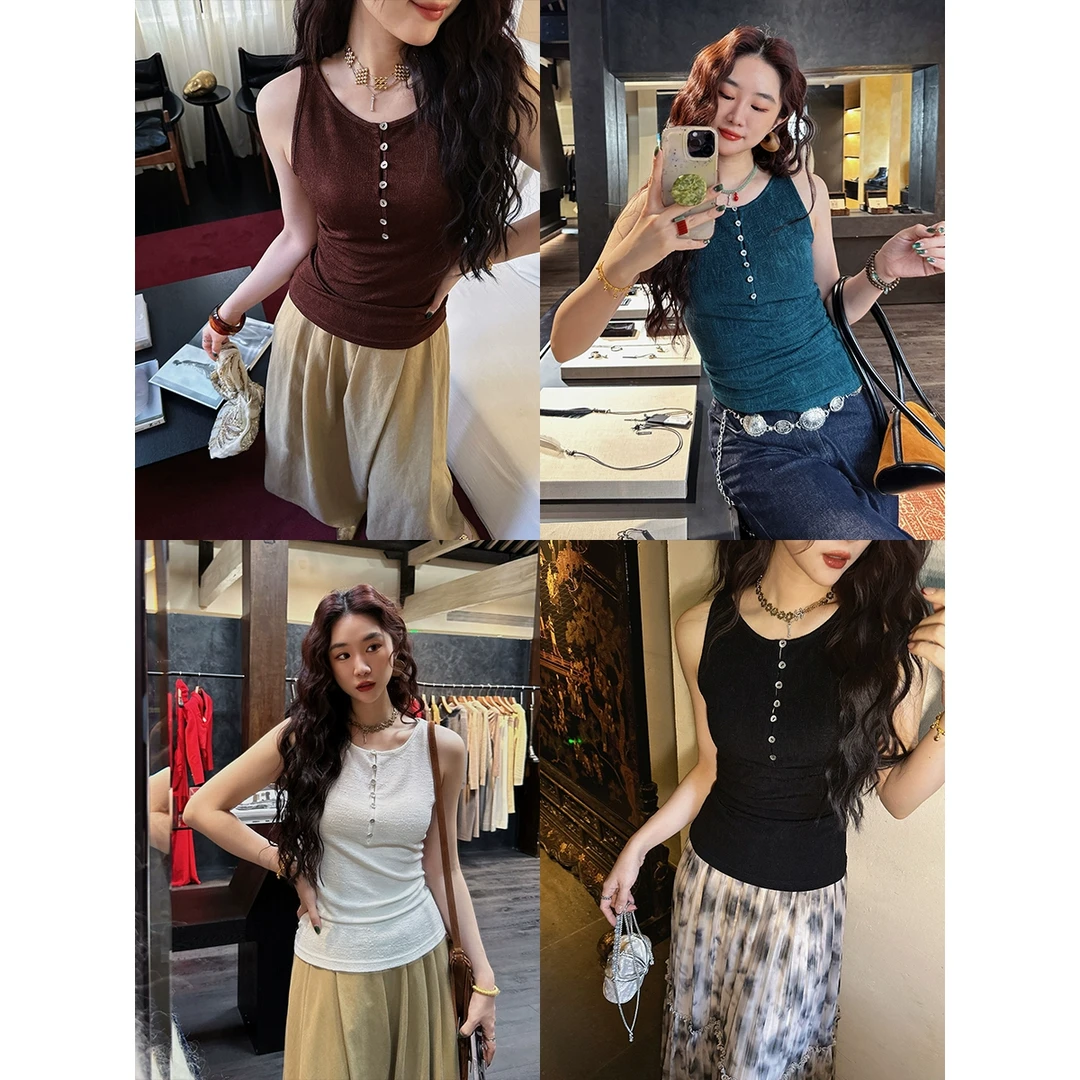 三吉黑花【贴心】基础百搭醋酸针织背心