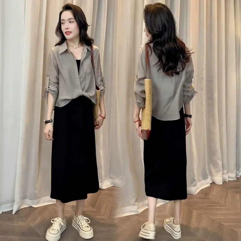 时尚连衣裙套装女夏季新款小个子一整套防晒衣衬衫吊带裙两件套潮