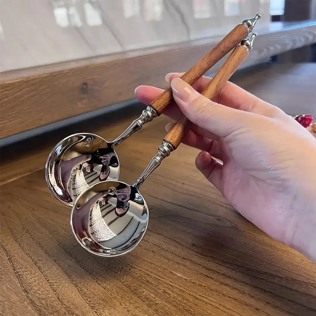 不锈钢ins法式轻奢复古贵族仿木柄喝汤西餐勺干饭勺意面勺甜品勺