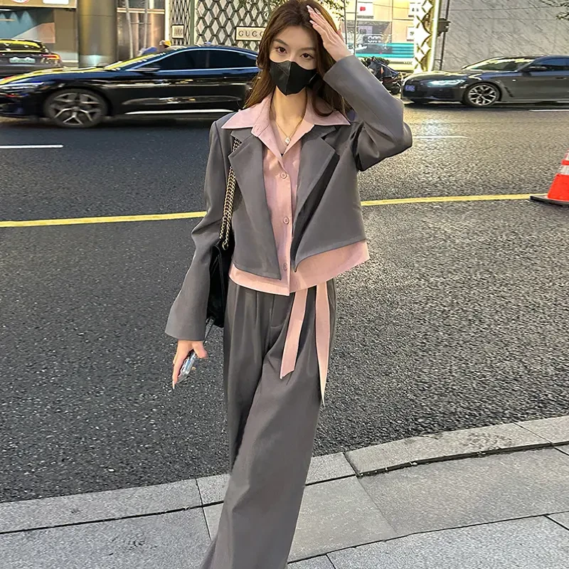 高级感新款休闲显瘦阔腿裤洋气小个子气质运动时尚西装衬衣春秋